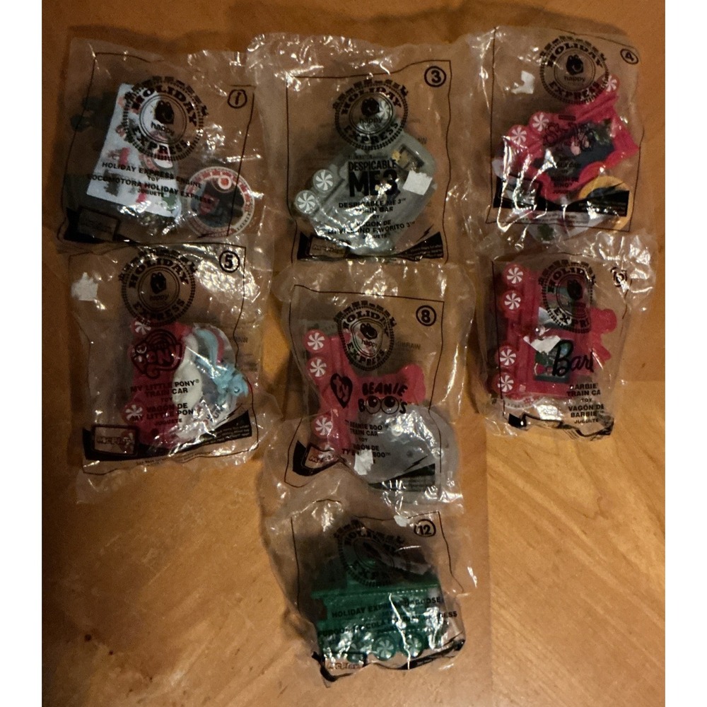 McDonalds 2017 Holiday Express Christmas Train Lot Of 7 Trains, Barbie, M&M, NIP